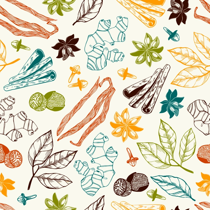 Hand-drawn herbs and spices background. Vinatge food seamless pattern. Kitchen spices sketches for packaging, fabric, menu, labels. NOT AI generated